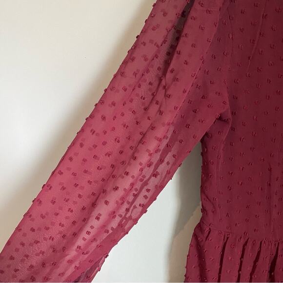 Altar’d State Swiss Dot Burgundy High Neck Sheer Dress - Picture 3 of 5